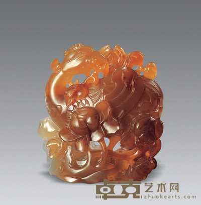 清代 玛瑙雕凤凰衔荷花摆件 高10cm